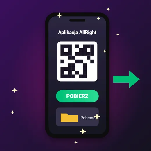 Instalacja Allright casino aplikacja Allright casino aplikacja – ilustracja telefonu z kodem QR, przyciskiem Pobierz i folderem Pobrane