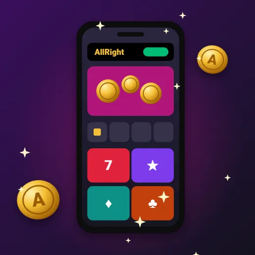 Allright casino app w telefonie Allright casino app – ilustracja ekranu aplikacji z lobby i kafelkami gier